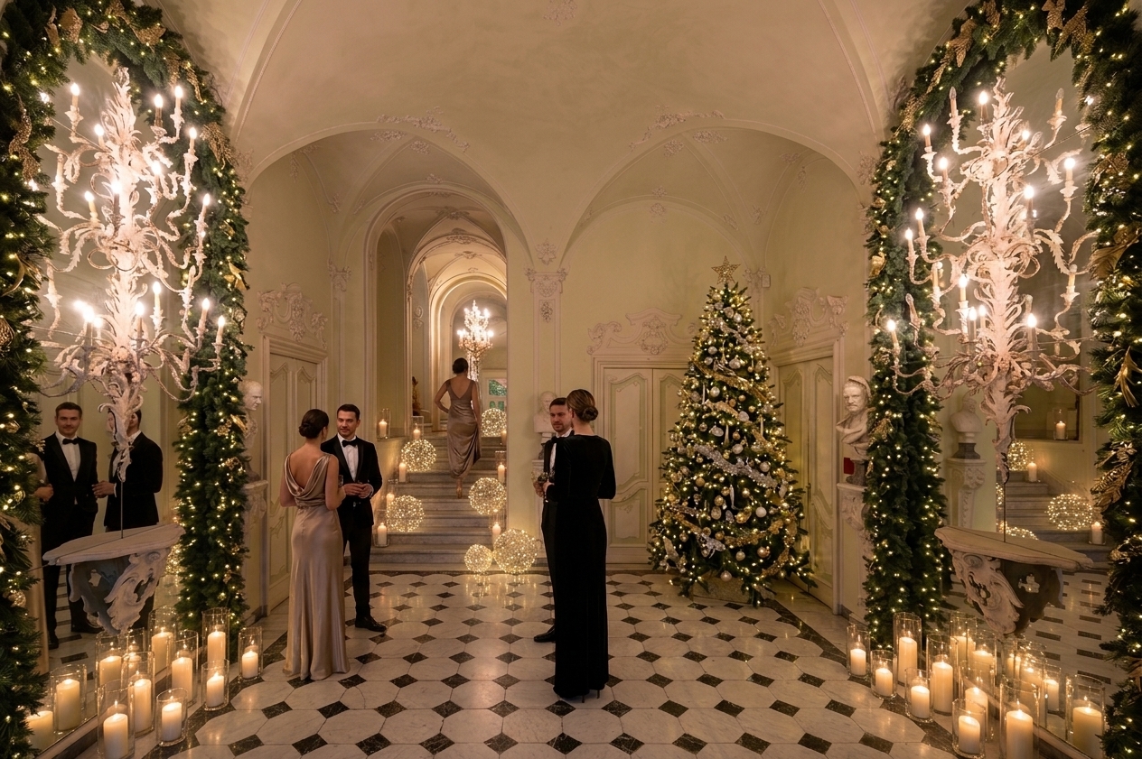 Ingresso di Villa Quartara a Genova Quarto allestito per eventi aziendali e feste di Natale